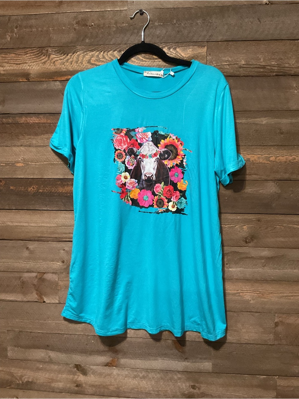 Southern Stitch Aqua Short Sleeve Tee With Cow Floral Frame Women’s Large NWT